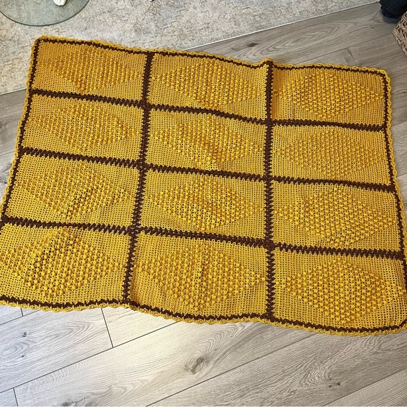 Handmade Crochet Granny Square Blanket Mustard Yellow Brown Fall Themed 41”x58” - Picture 2 of 7